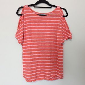 Tommy Bahama 100% Linen Orange Striped Cold Shoulder T-Shirt